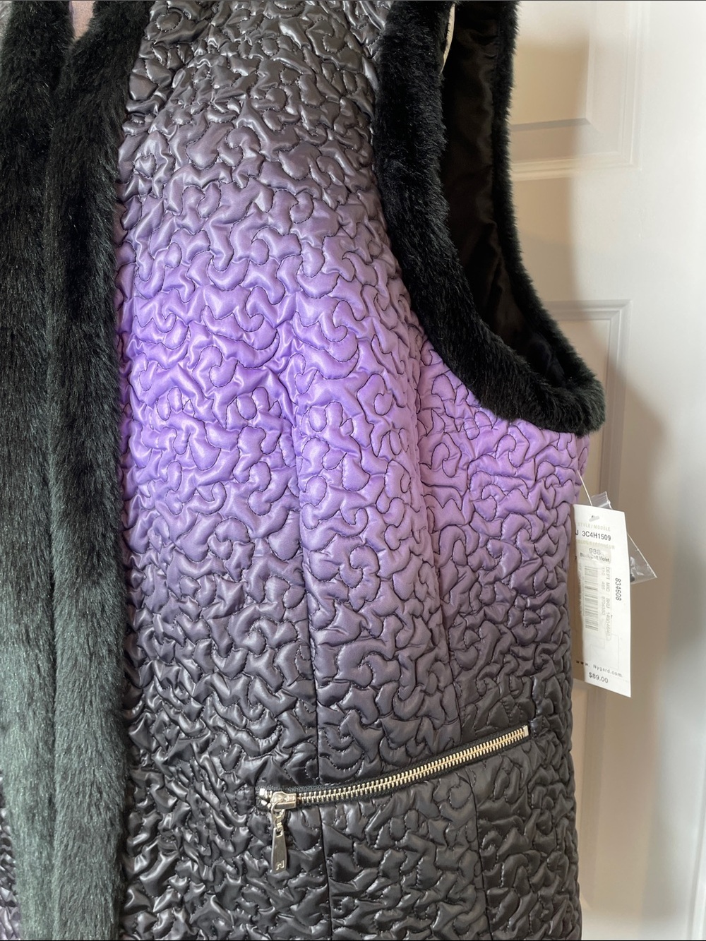 Peter Nygard Quilted Purple Ombré Fall/ Winter Faux Black Fur Trim 3x - Picture 5 of 9